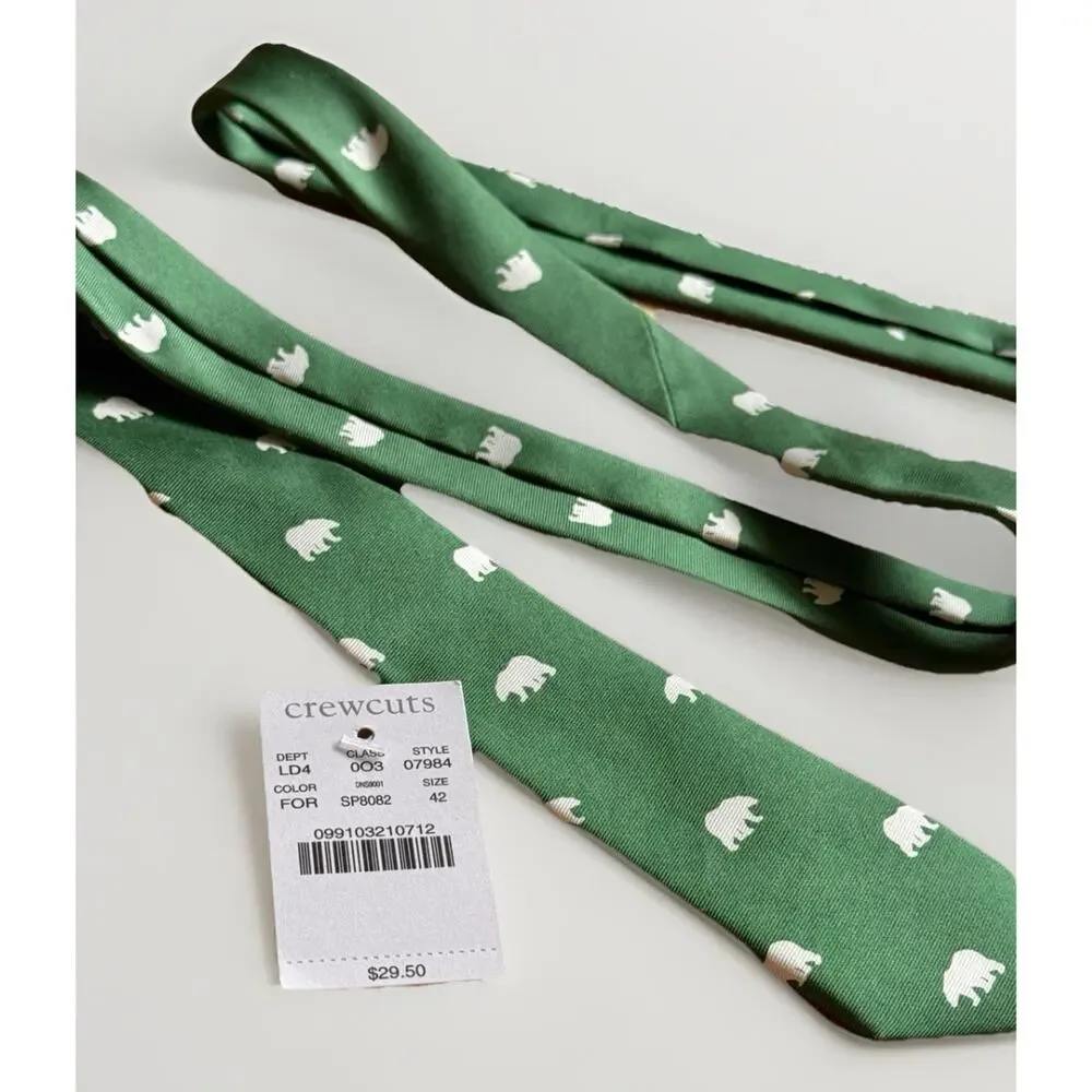 NWT J Crew Crewcuts 100% Silk Necktie Tie Green White Bear Toddler 42 Boys